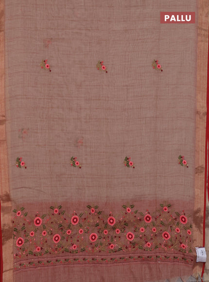 Linen cotton saree peach shade and maroon with embroidery buttas and zari woven border