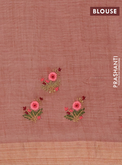 Linen cotton saree peach shade and maroon with embroidery buttas and zari woven border