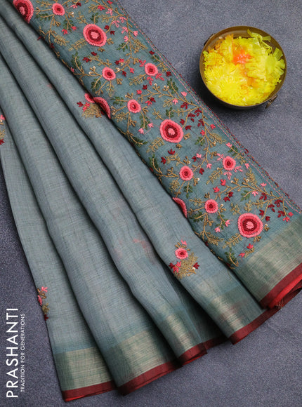 Linen cotton saree pastel blue and maroon with embroidery buttas and zari woven border