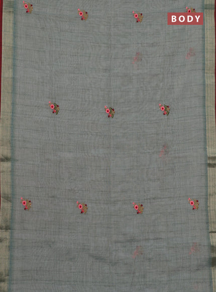Linen cotton saree pastel blue and maroon with embroidery buttas and zari woven border