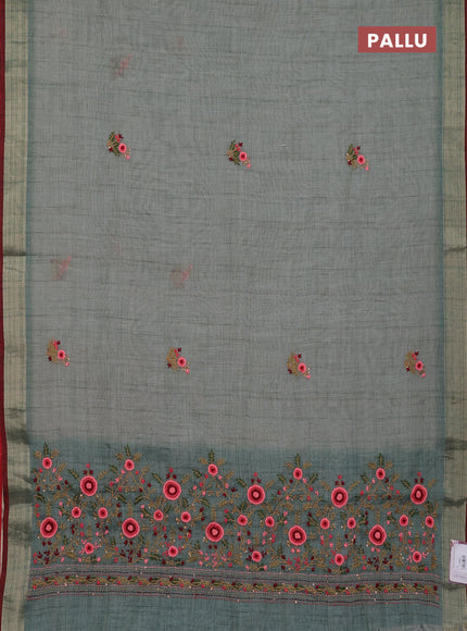 Linen cotton saree pastel blue and maroon with embroidery buttas and zari woven border