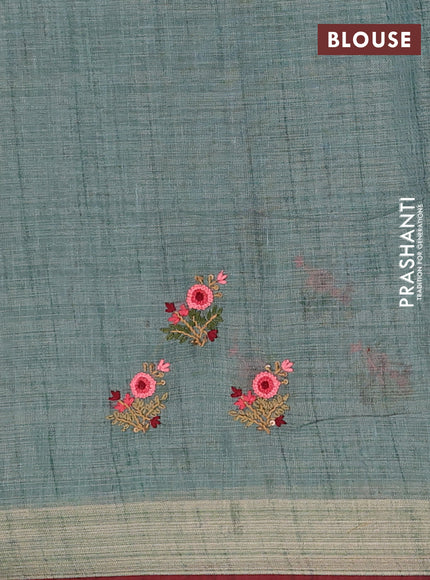 Linen cotton saree pastel blue and maroon with embroidery buttas and zari woven border