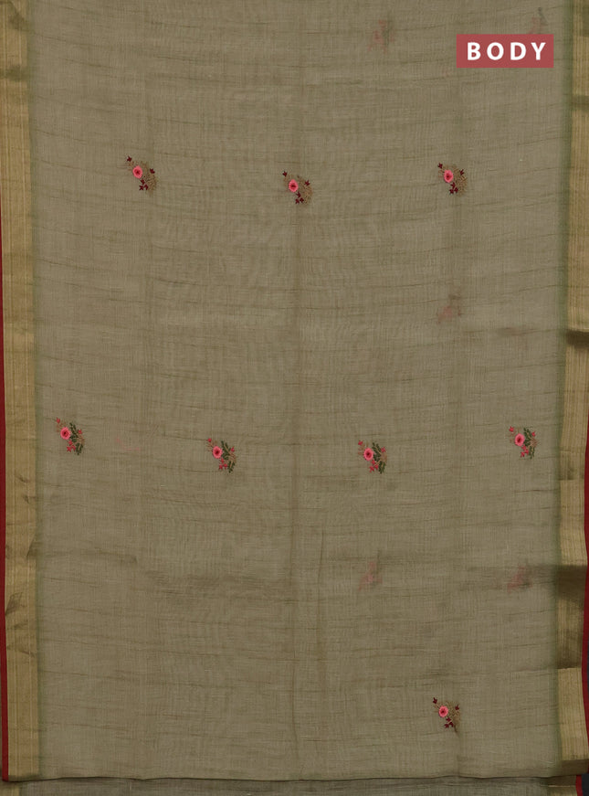 Linen cotton saree light green and maroon with embroidery buttas and zari woven border