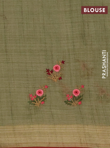 Linen cotton saree light green and maroon with embroidery buttas and zari woven border