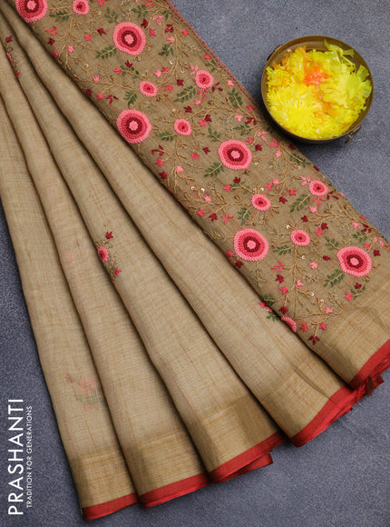 Linen cotton saree sandal and maroon with embroidery buttas and zari woven border