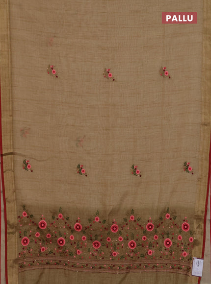 Linen cotton saree sandal and maroon with embroidery buttas and zari woven border