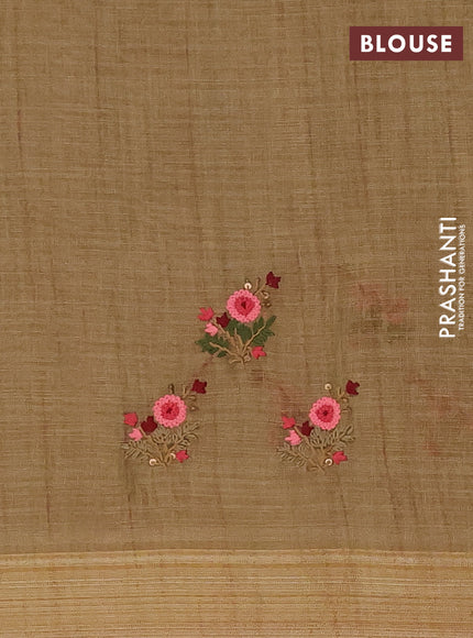 Linen cotton saree sandal and maroon with embroidery buttas and zari woven border