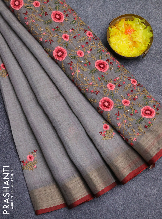 Linen cotton saree grey and maroon with embroidery buttas and zari woven border
