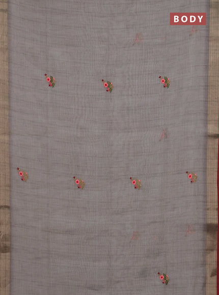 Linen cotton saree grey and maroon with embroidery buttas and zari woven border