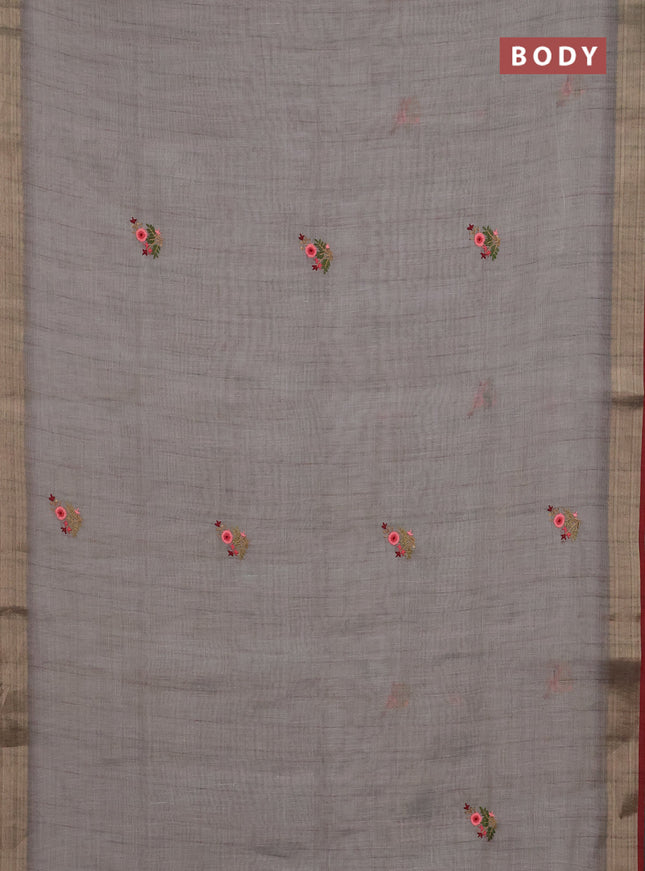 Linen cotton saree grey and maroon with embroidery buttas and zari woven border