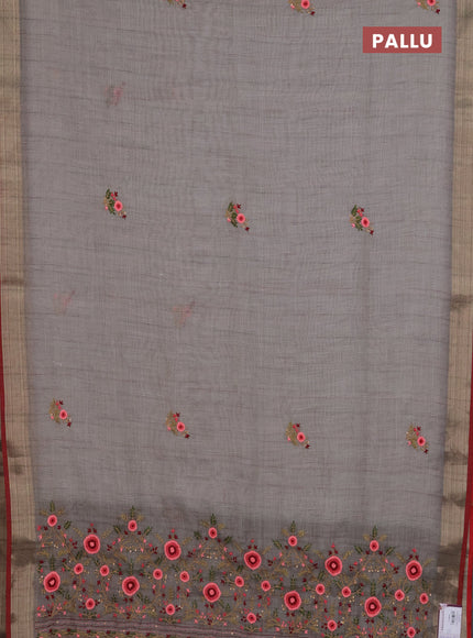 Linen cotton saree grey and maroon with embroidery buttas and zari woven border