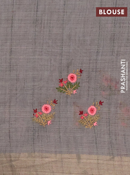 Linen cotton saree grey and maroon with embroidery buttas and zari woven border