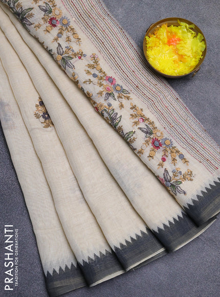 Linen cotton saree cream and dark grey with embroidery buttas and temple design simple border