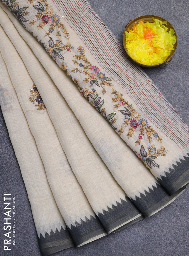 Linen cotton saree cream and dark grey with embroidery buttas and temple design simple border