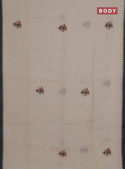 Linen cotton saree cream and dark grey with embroidery buttas and temple design simple border