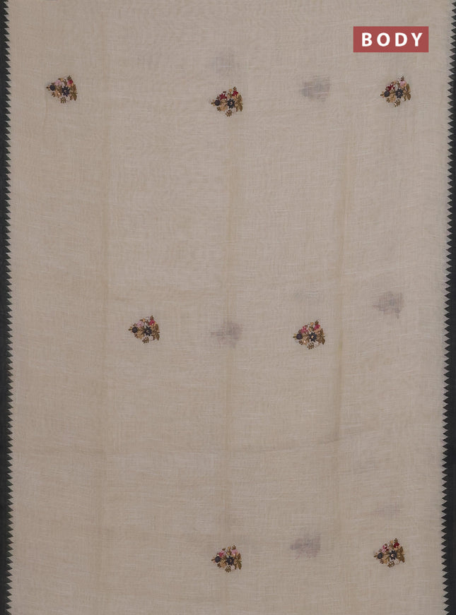 Linen cotton saree cream and dark grey with embroidery buttas and temple design simple border