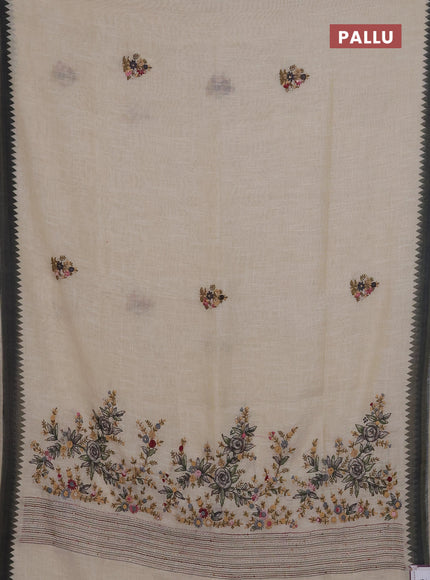 Linen cotton saree cream and dark grey with embroidery buttas and temple design simple border