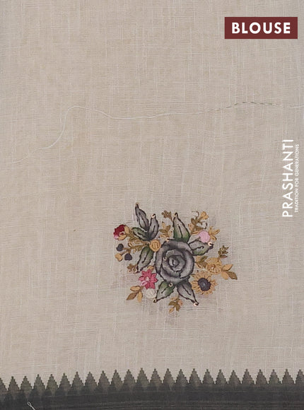 Linen cotton saree cream and dark grey with embroidery buttas and temple design simple border
