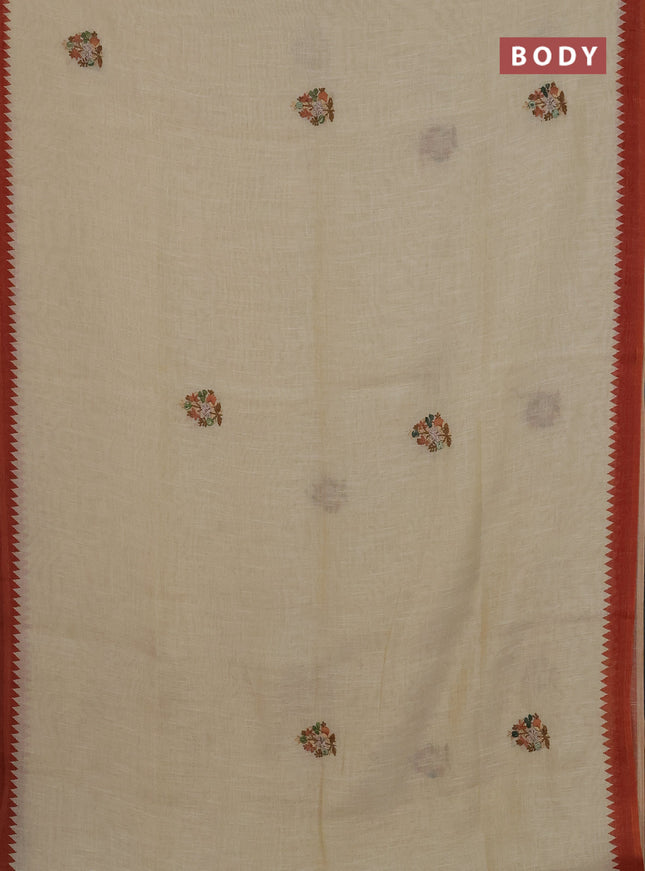Linen cotton saree cream and rust shade with embroidery buttas and temple design simple border