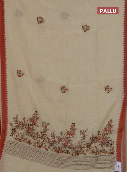 Linen cotton saree cream and rust shade with embroidery buttas and temple design simple border