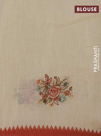 Linen cotton saree cream and rust shade with embroidery buttas and temple design simple border