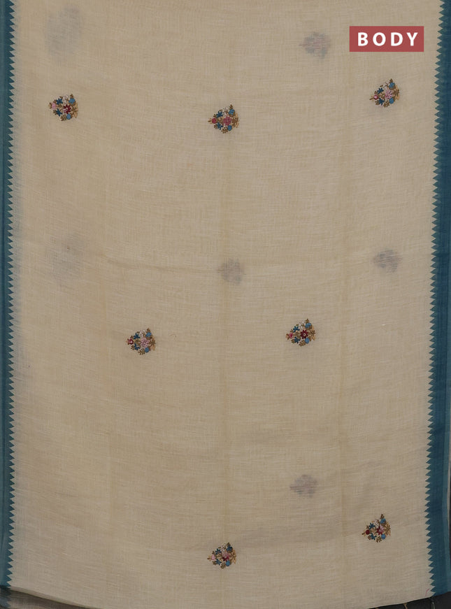 Linen cotton saree cream and blue with embroidery buttas and temple design simple border