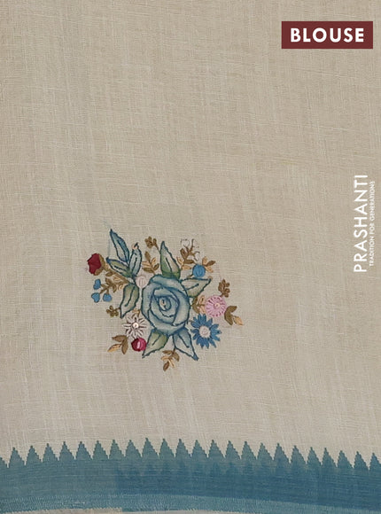 Linen cotton saree cream and blue with embroidery buttas and temple design simple border