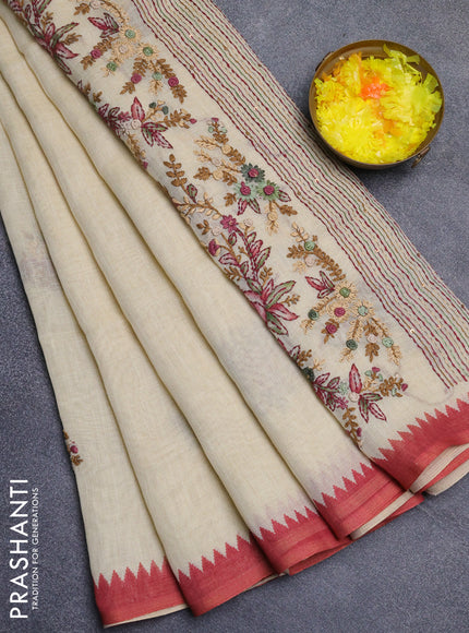 Linen cotton saree cream and rust shade with embroidery buttas and temple design simple border