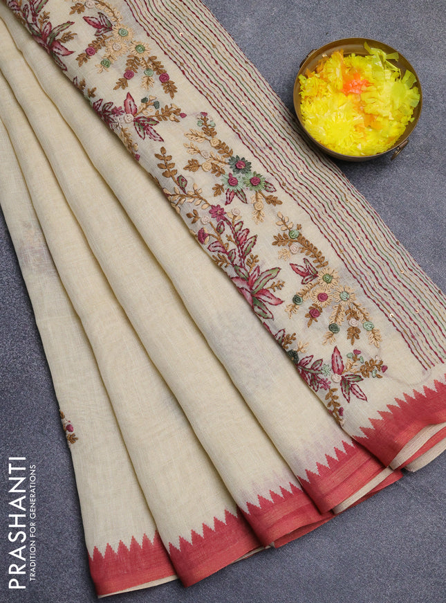 Linen cotton saree cream and rust shade with embroidery buttas and temple design simple border