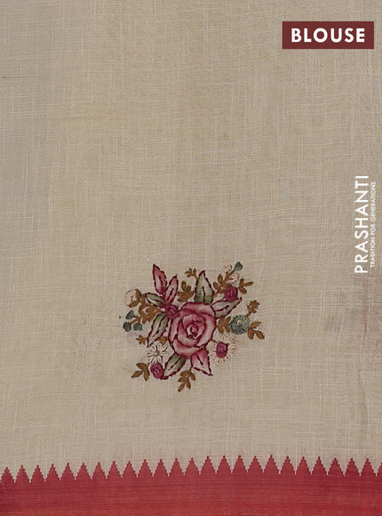 Linen cotton saree cream and rust shade with embroidery buttas and temple design simple border