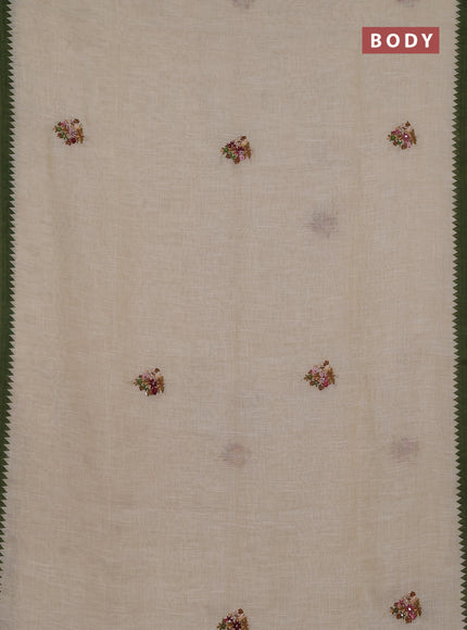 Linen cotton saree cream and light green with embroidery buttas and temple design simple border
