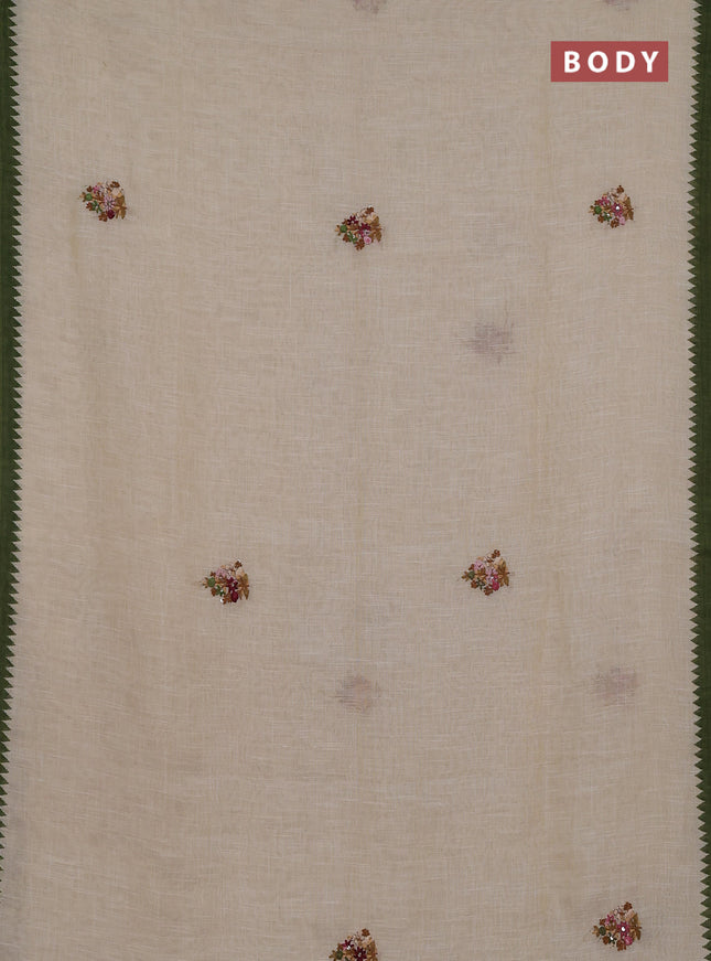 Linen cotton saree cream and light green with embroidery buttas and temple design simple border