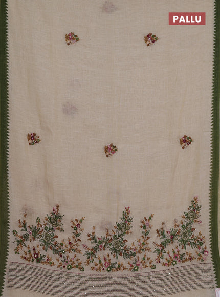 Linen cotton saree cream and light green with embroidery buttas and temple design simple border