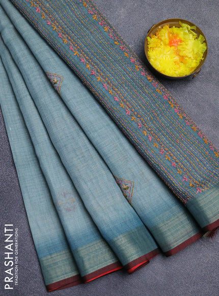 Linen cotton saree pastel blue and maroon with embroidery buttas and zari woven border