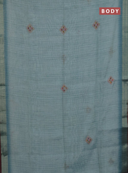 Linen cotton saree pastel blue and maroon with embroidery buttas and zari woven border