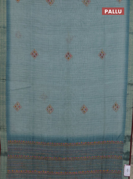 Linen cotton saree pastel blue and maroon with embroidery buttas and zari woven border