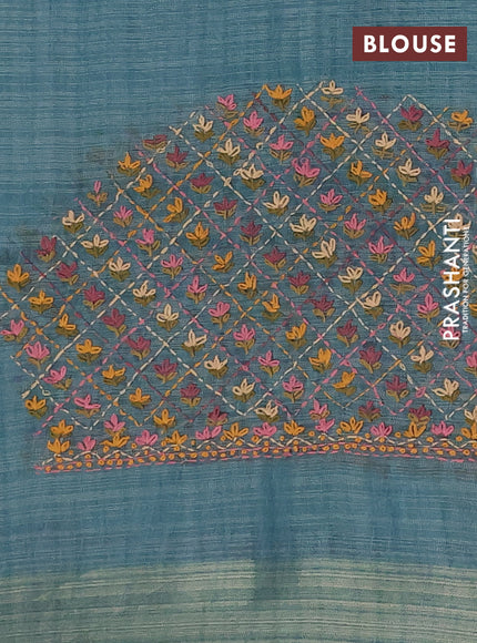Linen cotton saree pastel blue and maroon with embroidery buttas and zari woven border