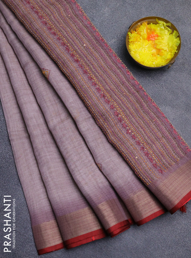 Linen cotton saree light pink and maroon with embroidery buttas and zari woven border