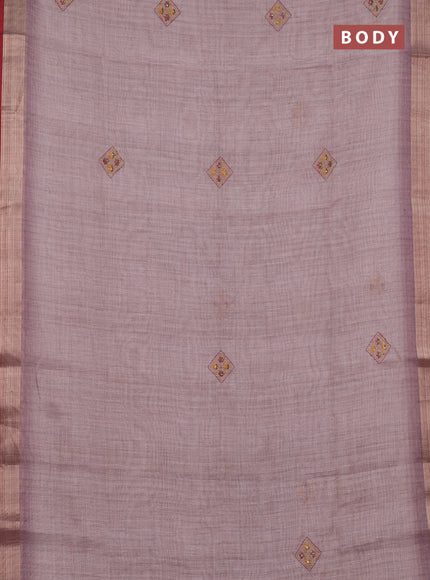 Linen cotton saree light pink and maroon with embroidery buttas and zari woven border