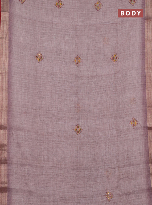 Linen cotton saree light pink and maroon with embroidery buttas and zari woven border