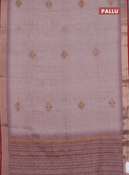 Linen cotton saree light pink and maroon with embroidery buttas and zari woven border