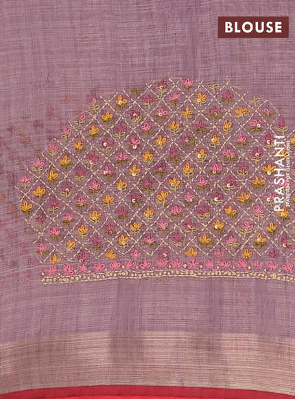 Linen cotton saree light pink and maroon with embroidery buttas and zari woven border