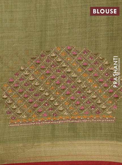 Linen cotton saree light green with embroidery buttas and zari woven border