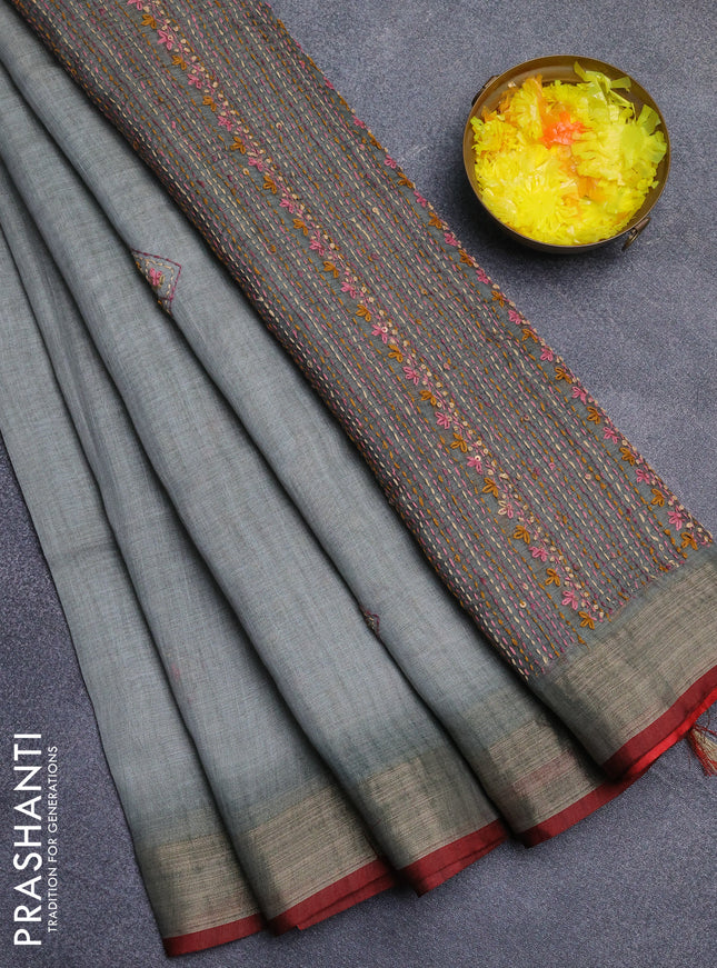 Linen cotton saree grey and maroon with embroidery buttas and zari woven border