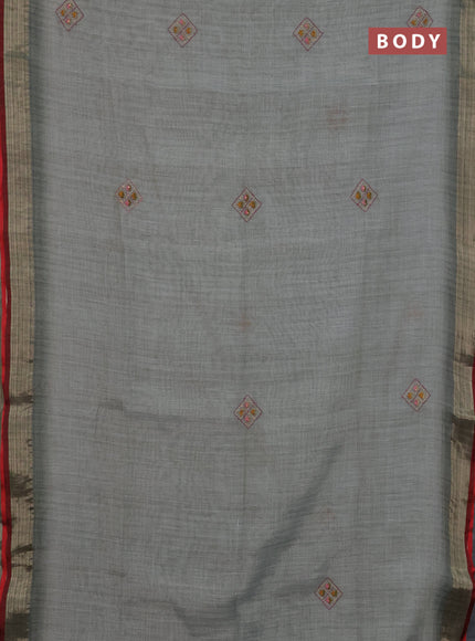 Linen cotton saree grey and maroon with embroidery buttas and zari woven border