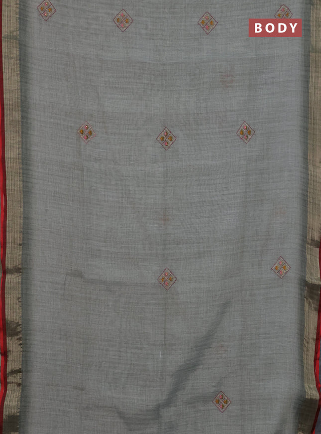 Linen cotton saree grey and maroon with embroidery buttas and zari woven border