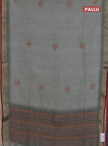 Linen cotton saree grey and maroon with embroidery buttas and zari woven border