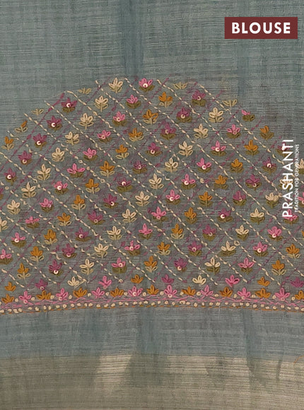 Linen cotton saree grey and maroon with embroidery buttas and zari woven border