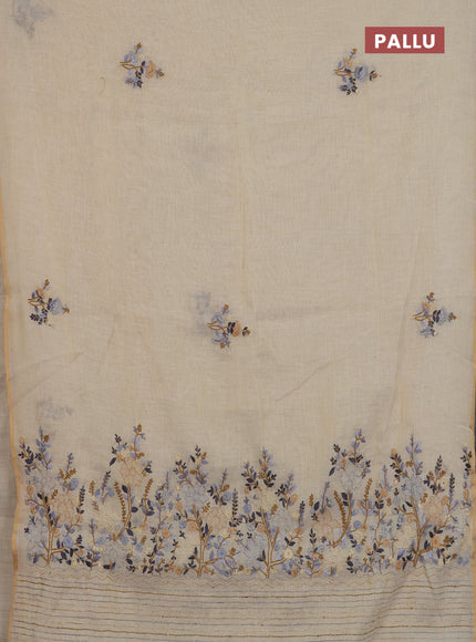 Linen cotton saree beige with embroidery buttas and zari woven border