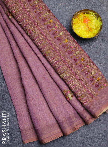 Linen cotton saree light pink with embroidery buttas and zari woven border